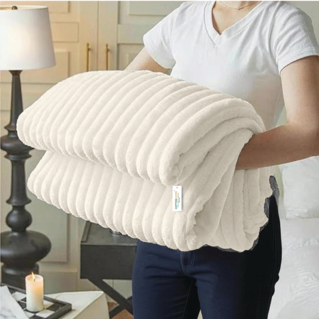 Plush Stripe Blanket Queen Size 220x240 Ivory - Cotton Home