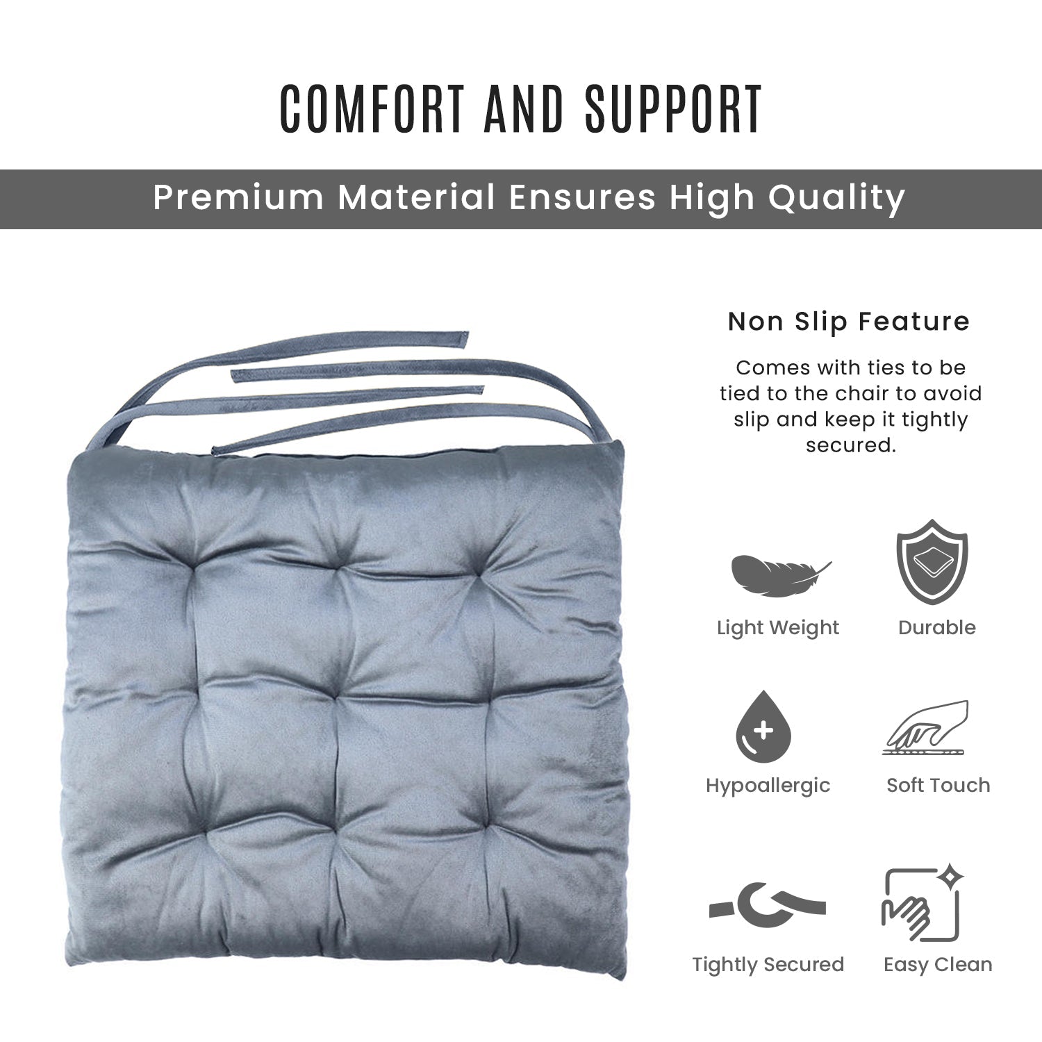 Velvet Slip Free Tufted  Chair Cushion Silver 40x40cm - Pack of 2 - Cotton Home