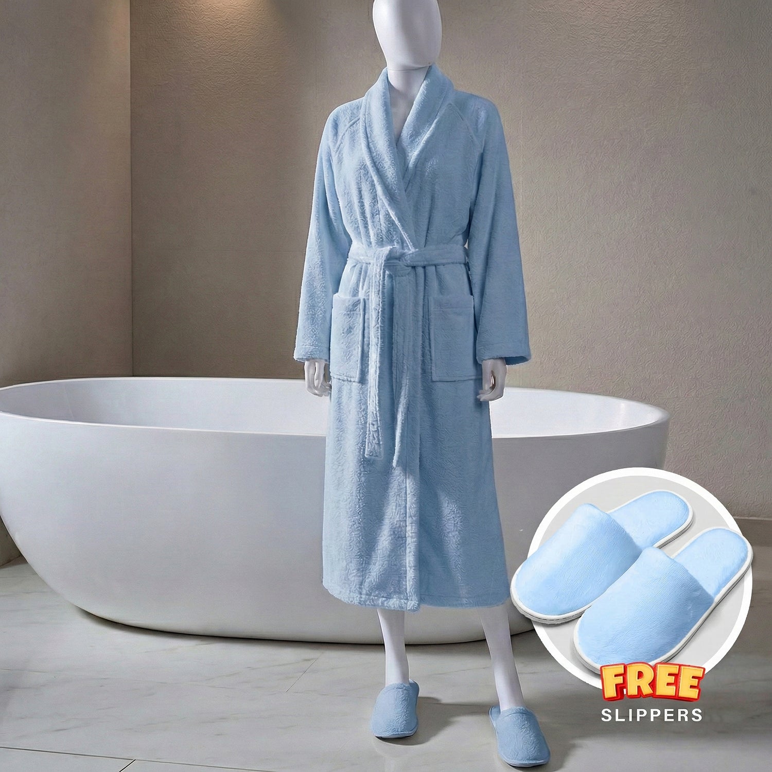 Premium Cotton Sky Blue Terry Bathrobe with Pockets, One Size Fits All with Free Bath Slippers