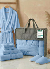 Luxury 7PC Egyptian Cotton Bath Bundle Set Sky Blue – Bathrobe, Towels, Slippers