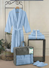 Luxury 7PC Egyptian Cotton Bath Bundle Set Sky Blue – Bathrobe, Towels, Slippers