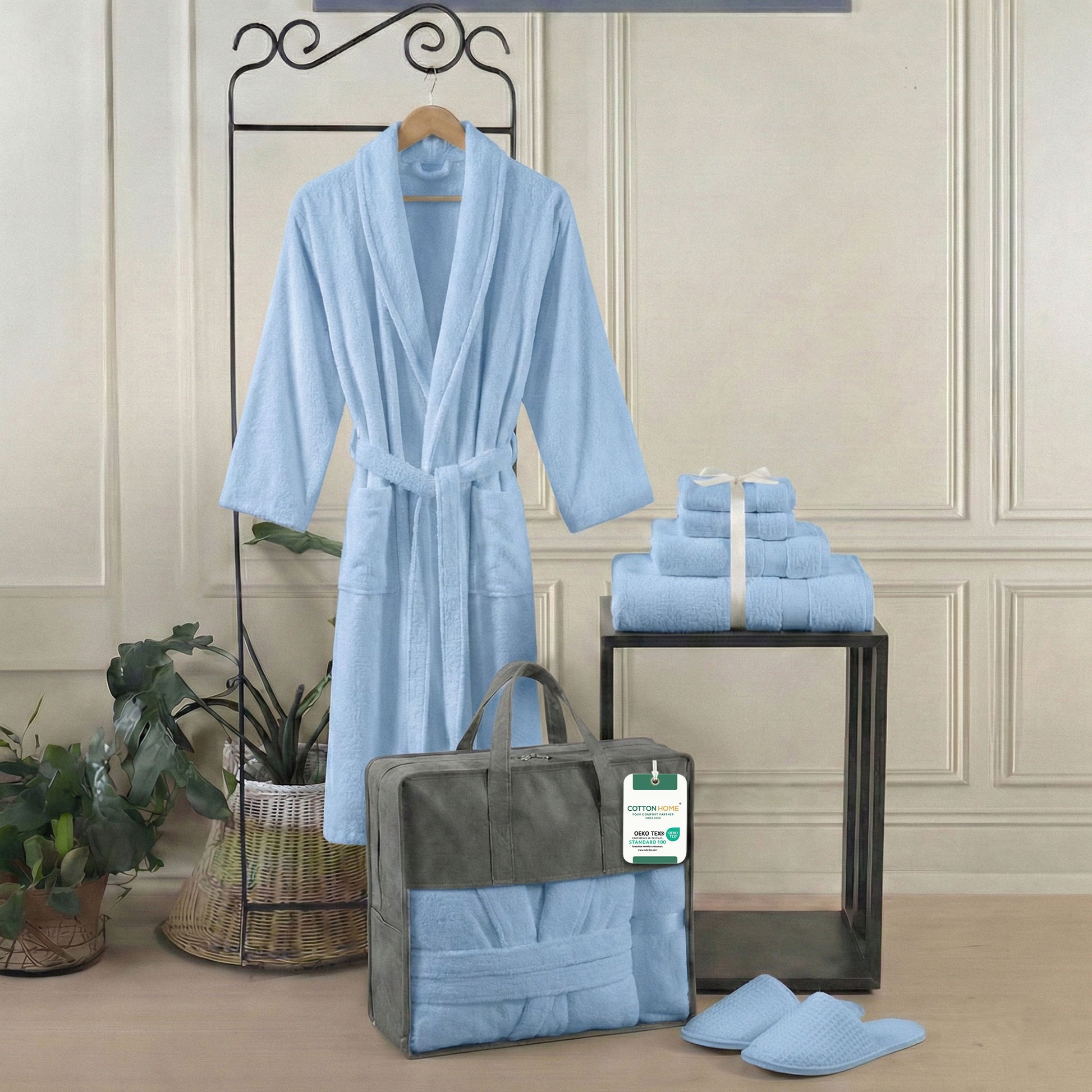 Luxury 7PC Egyptian Cotton Bath Bundle Set Sky Blue – Bathrobe, Towels, Slippers