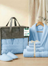 Luxury 7PC Egyptian Cotton Bath Bundle Set Sky Blue – Bathrobe, Towels, Slippers