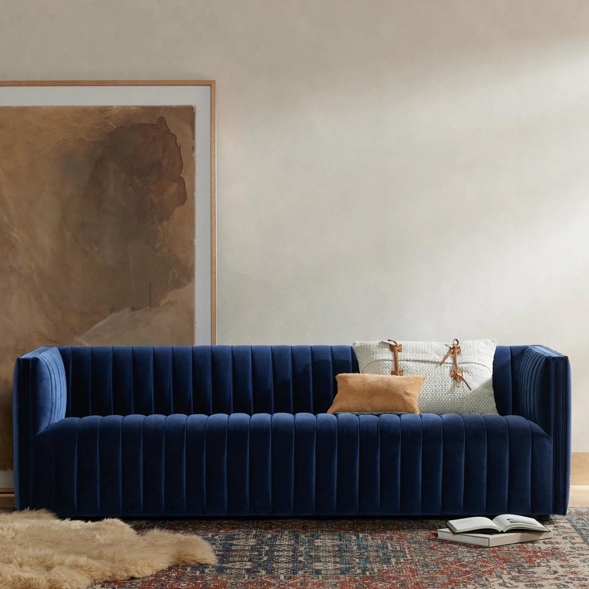 Chanel 3 Seater Navy Blue Velvet Tufted Sofa - Cotton Home