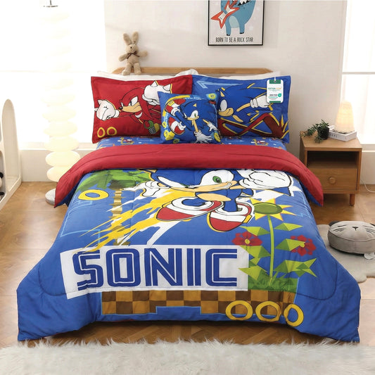 Sonic Official Kids Bedding Set – 5 Piece Comforter Set Cozy & Colorful Cartoon Character with Matching Pillowcases & Bedsheet