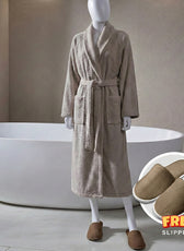 Premium Cotton Taupe Terry Bathrobe with Pockets, One Size Fits All with Free Bath Slippers