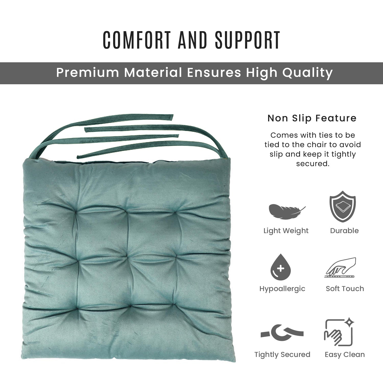 Velvet Slip Free Tufted  Chair Cushion Teal 40x40cm - Pack of 2 - Cotton Home