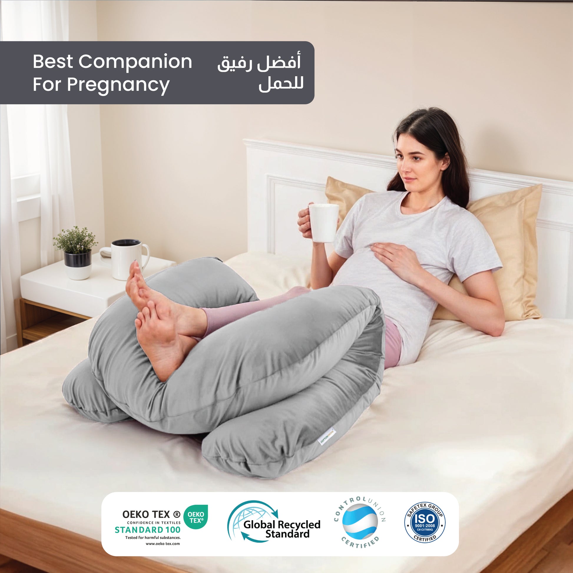 Serenity Velvet Pregnancy Pillow U-Shape Full Body Pillow  With Removable Cover Grey - Cotton Home