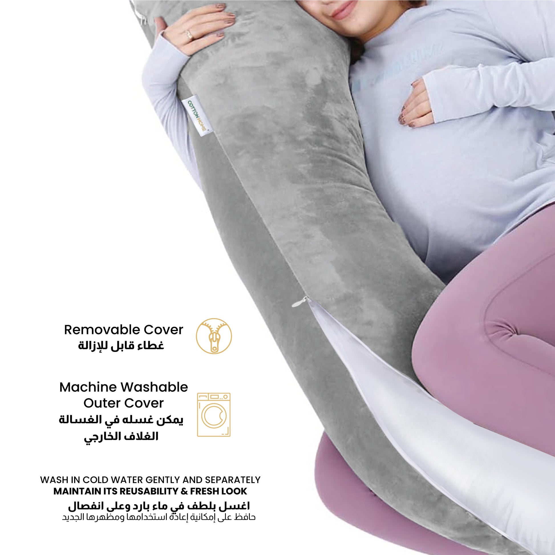 Serenity Velvet Pregnancy Pillow U-Shape Full Body Pillow  With Removable Cover Grey - Cotton Home