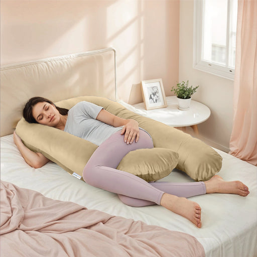Serenity Velvet Pregnancy Pillow U-Shape Full Body Pillow  With Removable Cover Beige - Cotton Home