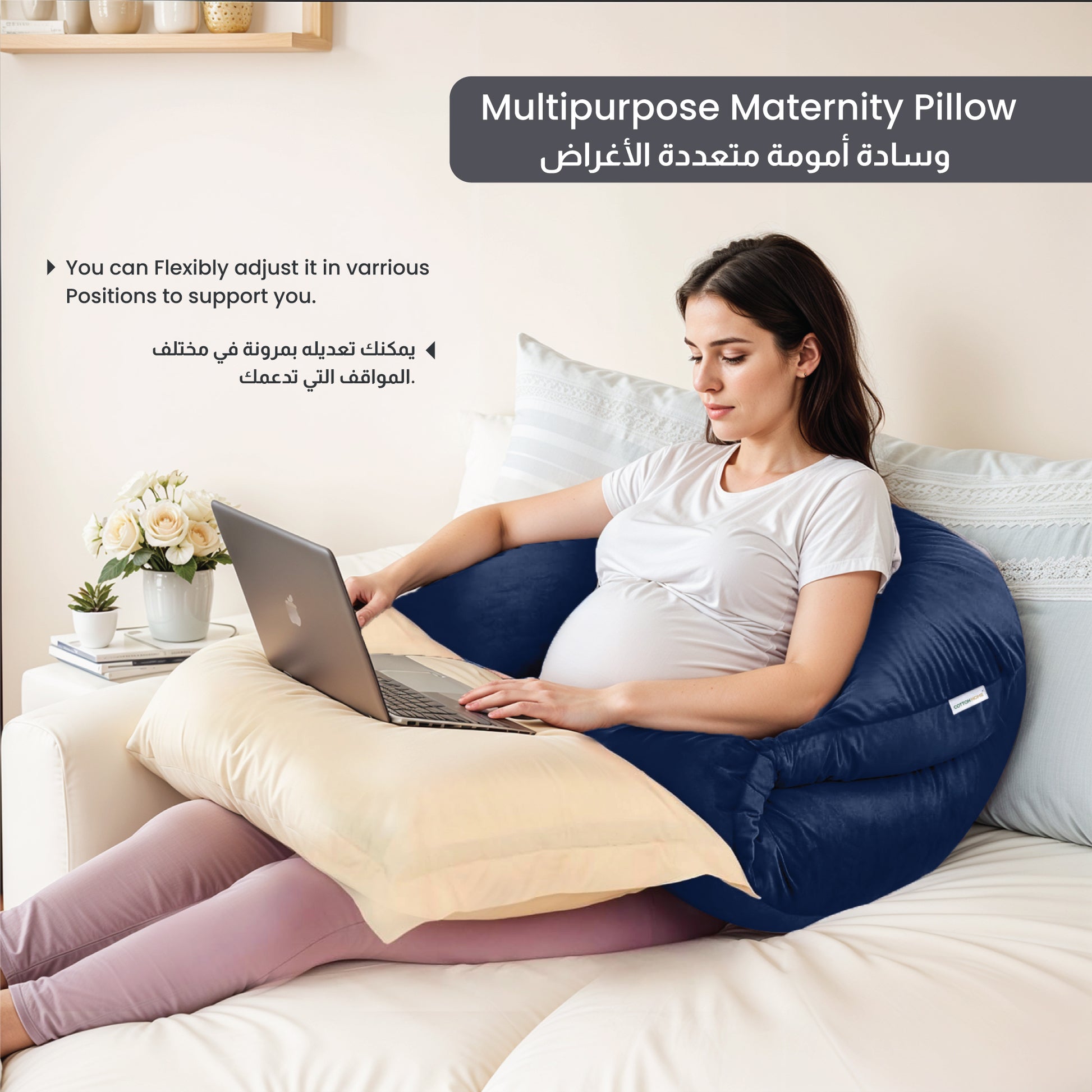 Serenity Velvet Pregnancy Pillow U-Shape Full Body Pillow  With Removable Cover Navy Blue - Cotton Home