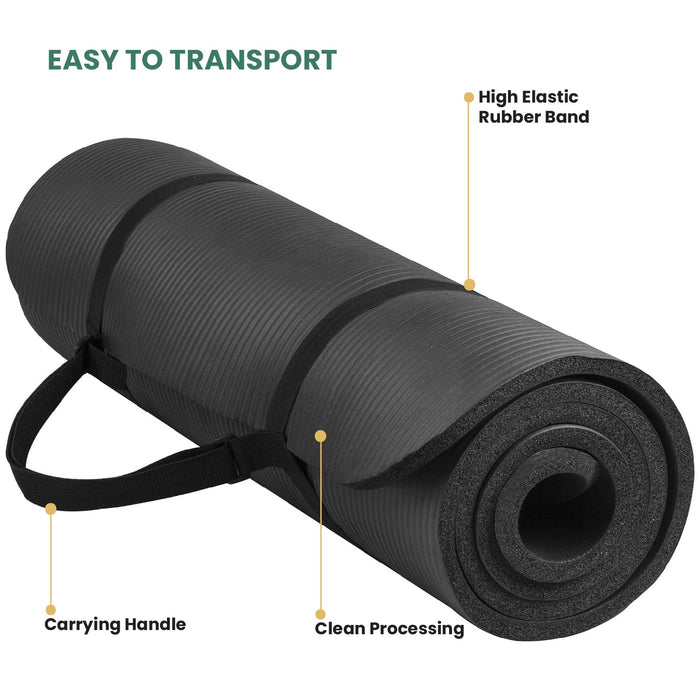 Yoga Mat with Strap – 10mm Thick for Ultimate Comfort Non-Slip Black