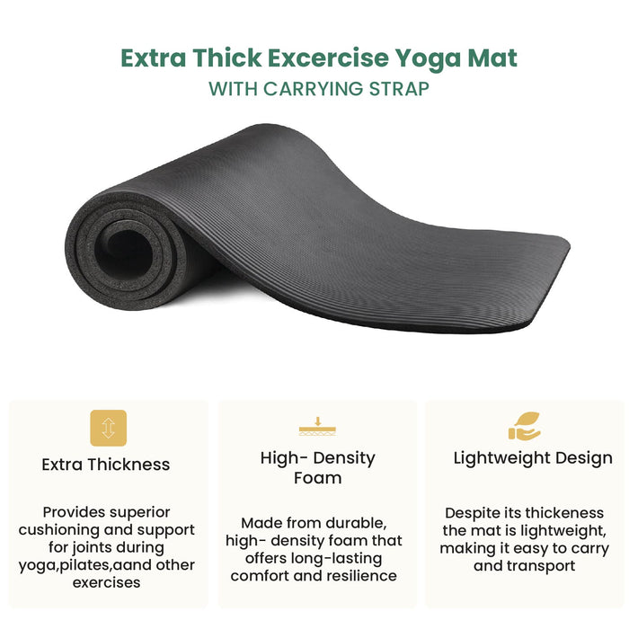 Yoga Mat with Strap – 10mm Thick for Ultimate Comfort Non-Slip Black