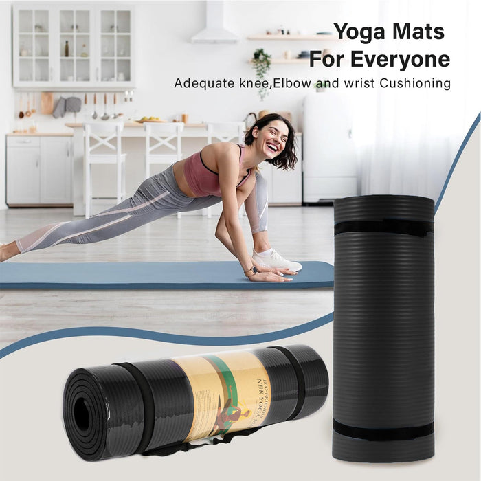 Yoga Mat with Strap – 10mm Thick for Ultimate Comfort Non-Slip Black