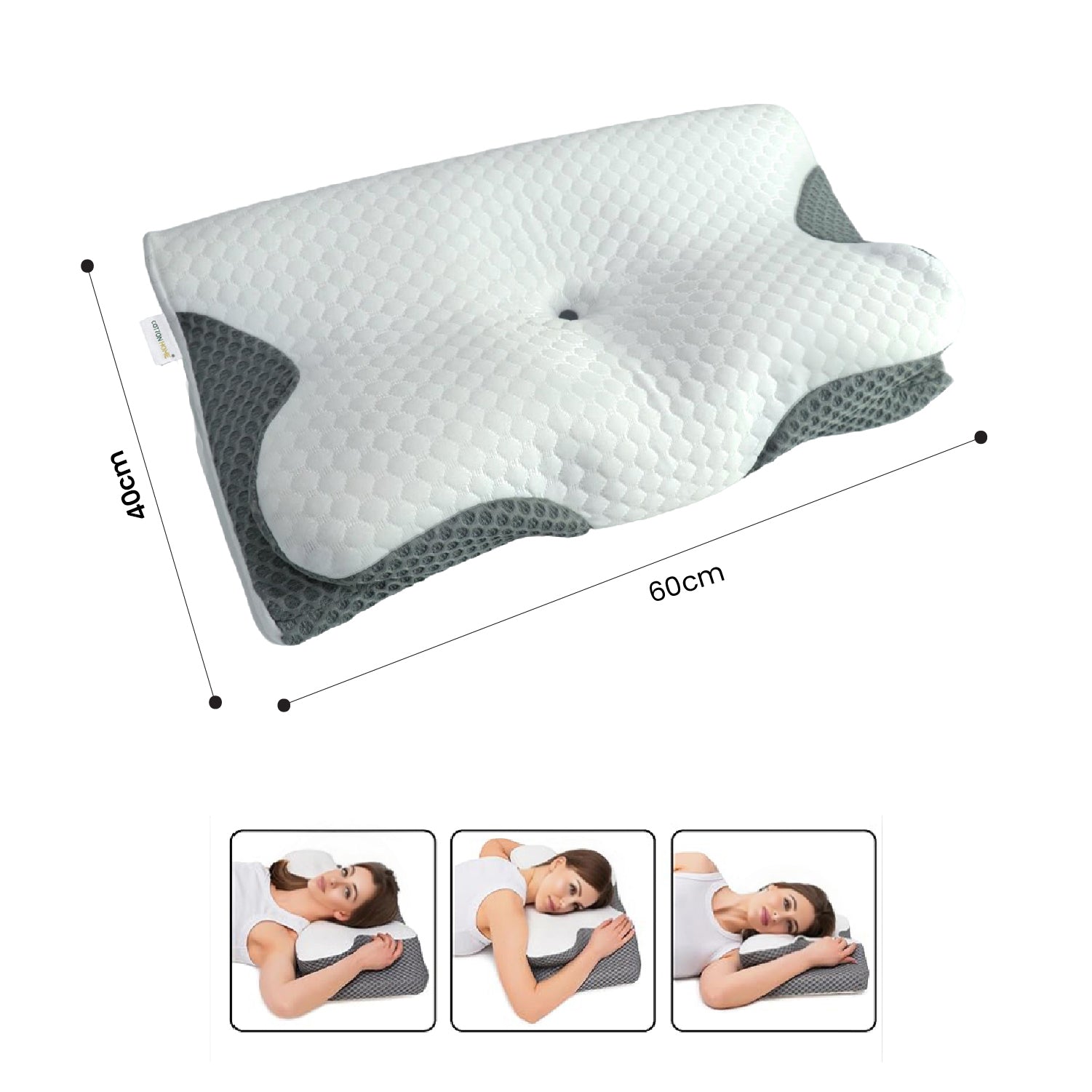 Ergo Memory Foam Pillow with Breathable, Washable Cover with Button 60x40x10cm