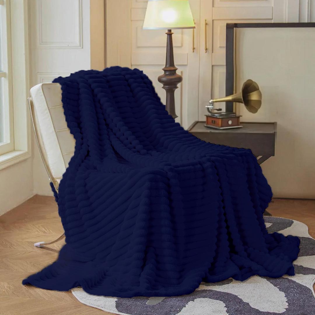 Plush Stripe Blanket Queen Size 220x240 Royal Blue - Cotton Home