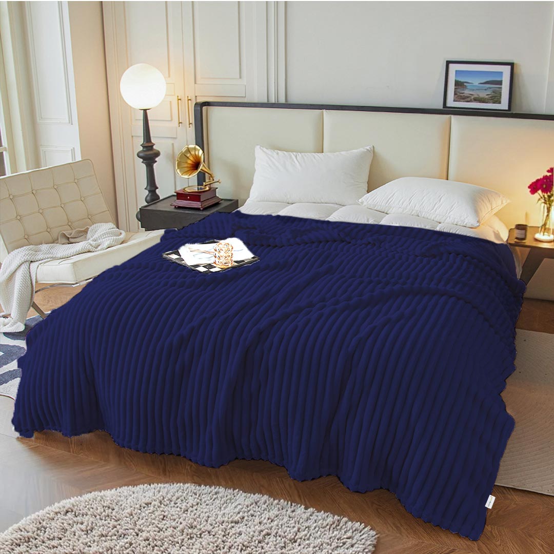 Plush Stripe Blanket Queen Size 220x240 Royal Blue - Cotton Home