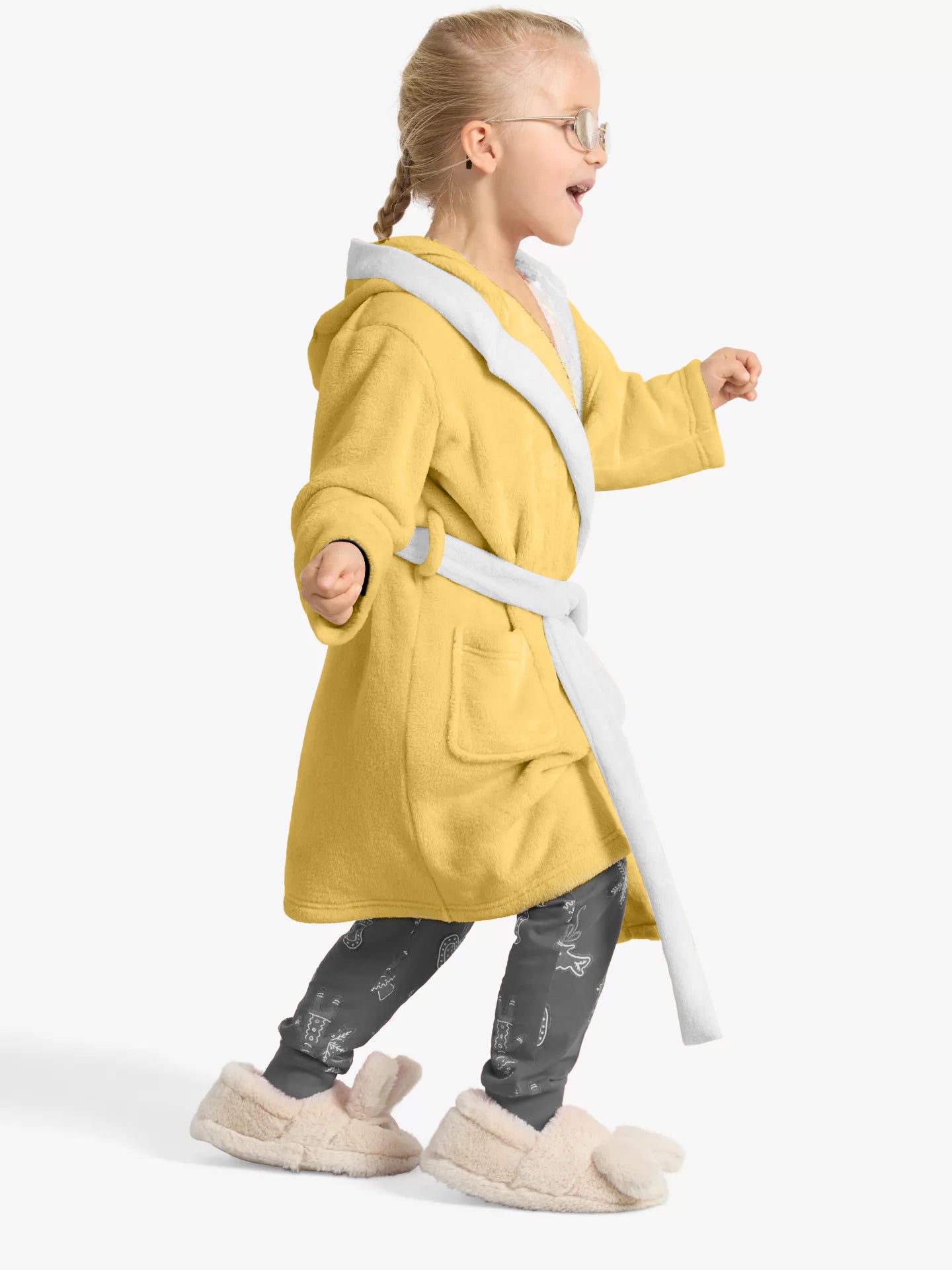 Duck Embroidered Kids Bathrobe with Hood and Tie Up Belt - Yellow - Cotton Home