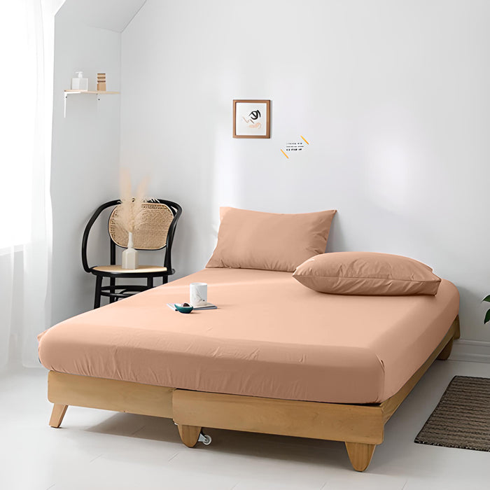 High Quality Beige Cotton Jersey Single 3 Piece Fitted Sheet Set 90x190+25cm with Deep Pockets and 2 Pillow Case - Cotton Home