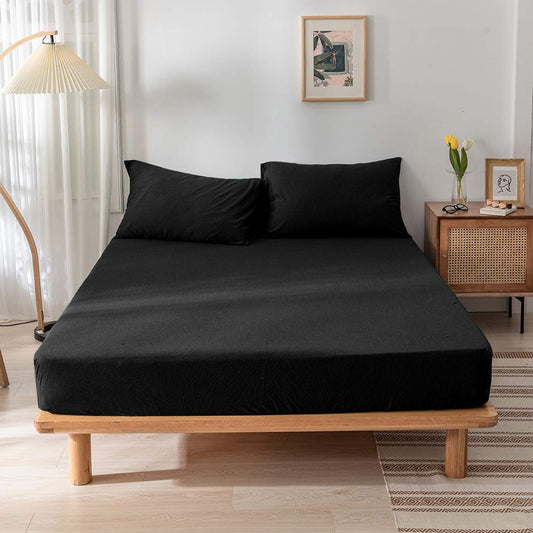 High Quality Black Cotton Jersey Double 3 Piece Fitted Sheet Set 120x200+30cm with Deep Pockets and 2 Pillow Case - Cotton Home