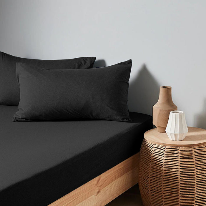 High Quality Black Cotton Jersey Twin 3 Piece Fitted Sheet Set 160x200+30cm with Deep Pockets and 2 Pillow Case - Cotton Home