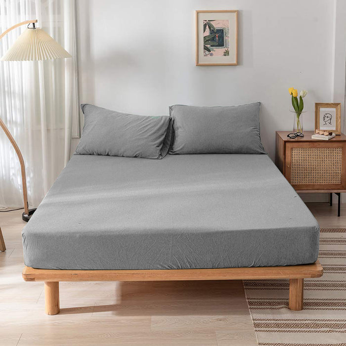 High Quality Grey Cotton Jersey Queen 3 Piece Fitted Sheet Set 180x200+30cm with Deep Pockets and 2 Pillow Case - Cotton Home