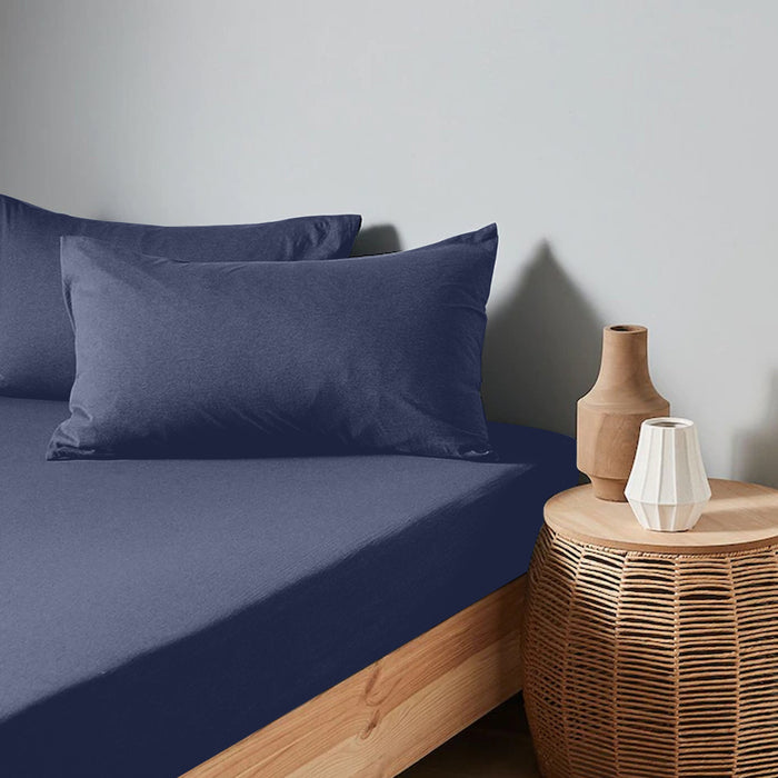 High Quality Navy Blue Cotton Jersey Queen 3 Piece Fitted Sheet Set 180x200+30cm with Deep Pockets and 2 Pillow Case - Cotton Home