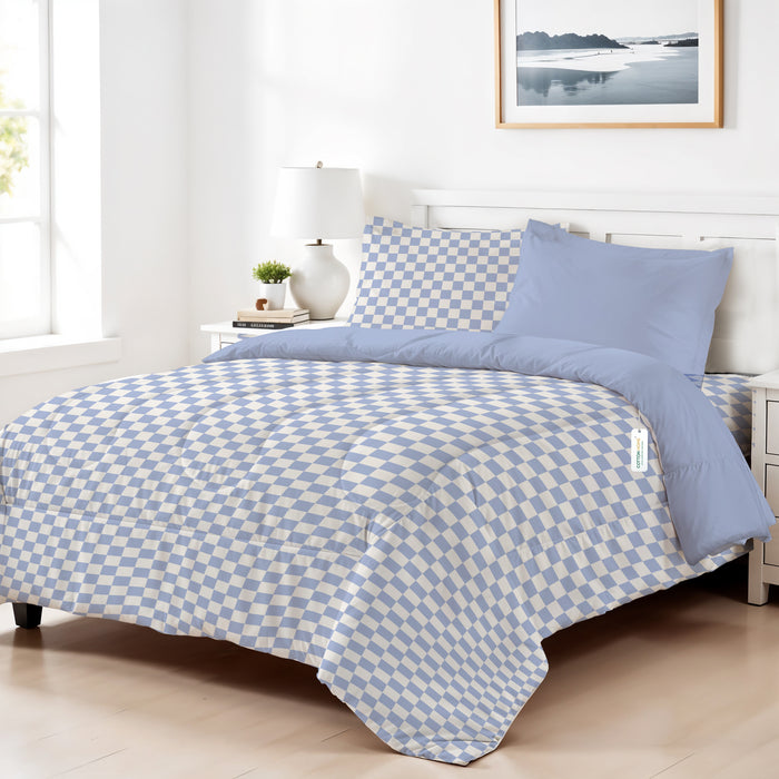 Premium Cotton 4PC Bedding Set Kids Comforter Set 160x220cm Blue Blocks