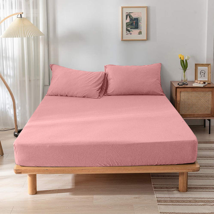 High Quality Pink Cotton Jersey Queen 3 Piece Fitted Sheet Set 180x200+30cm with Deep Pockets and 2 Pillow Case - Cotton Home